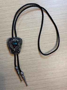 VTG SSI USA Eagle Bolo Pewter Genuine Turquoise & Coral Braided Black Leather